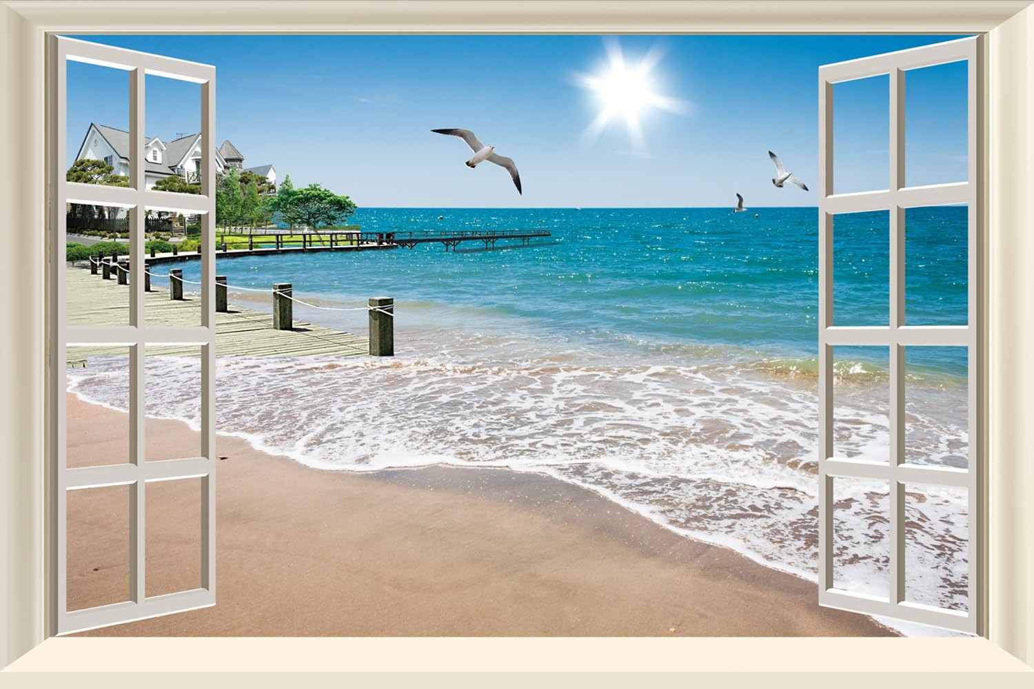 Fake Window Wall Decal, Summer Beach Seascape Peel and Stick Wall Sticker, Fa…