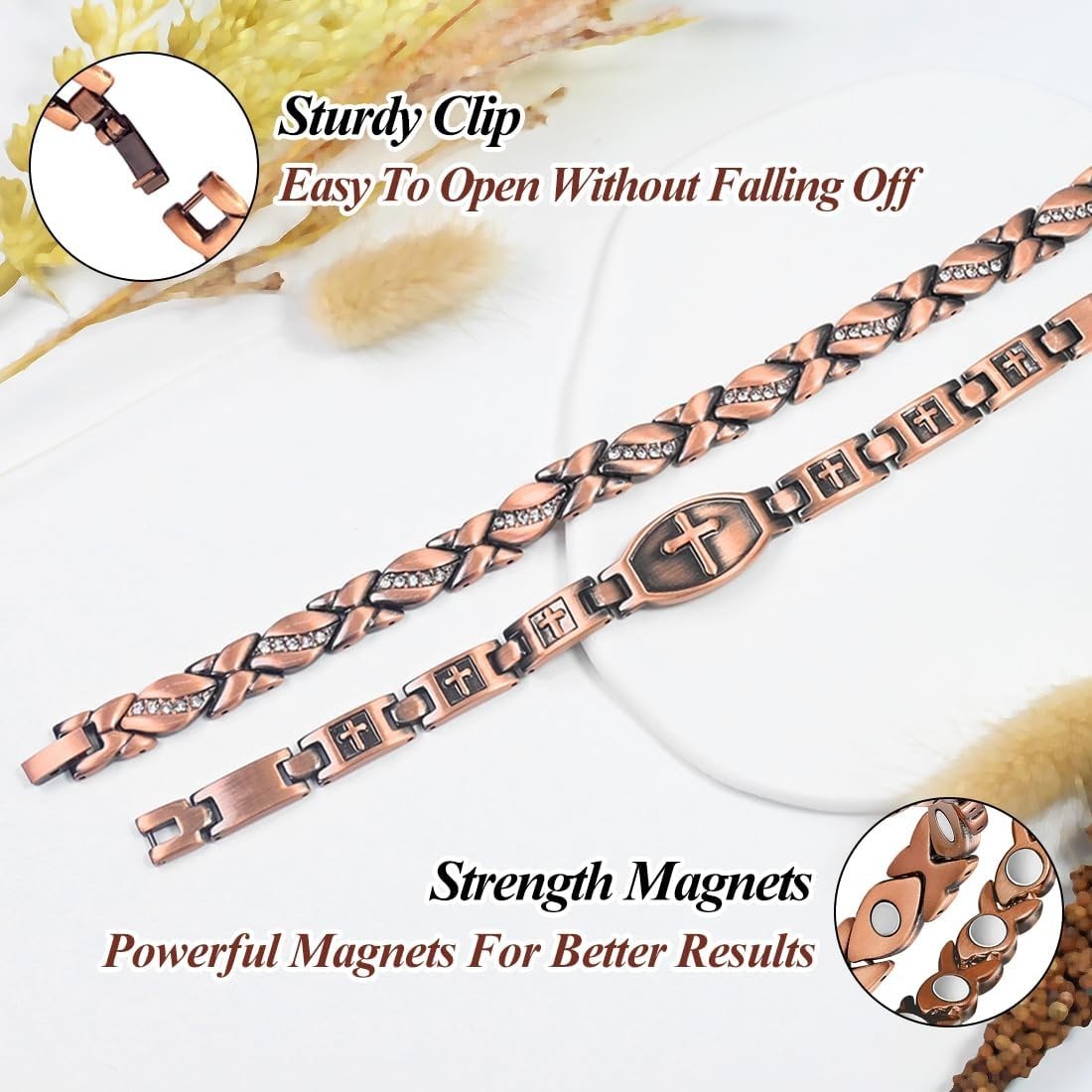 2PCS Copper Magnetic Bracelets for Women 100% Solid Pure Copper Bracelets wit…