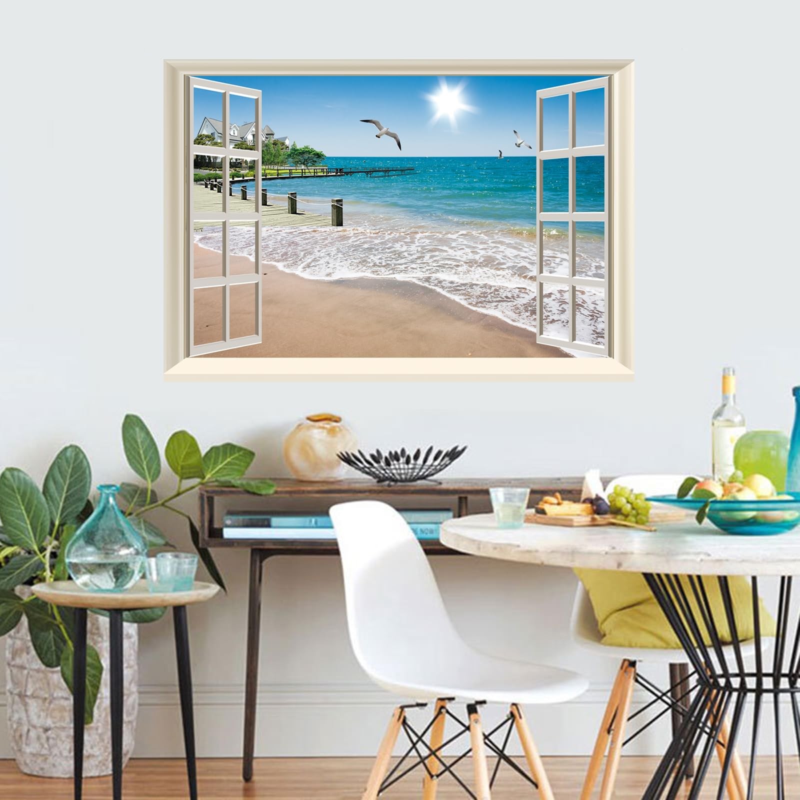 Fake Window Wall Decal, Summer Beach Seascape Peel and Stick Wall Sticker, Fa…