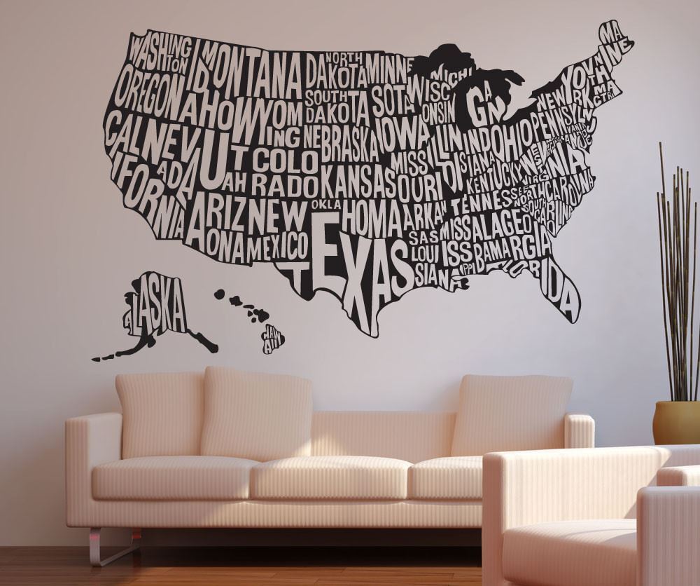 USA Map. United States of America Map wall decal. Office Wall Decor. Kid's Room.