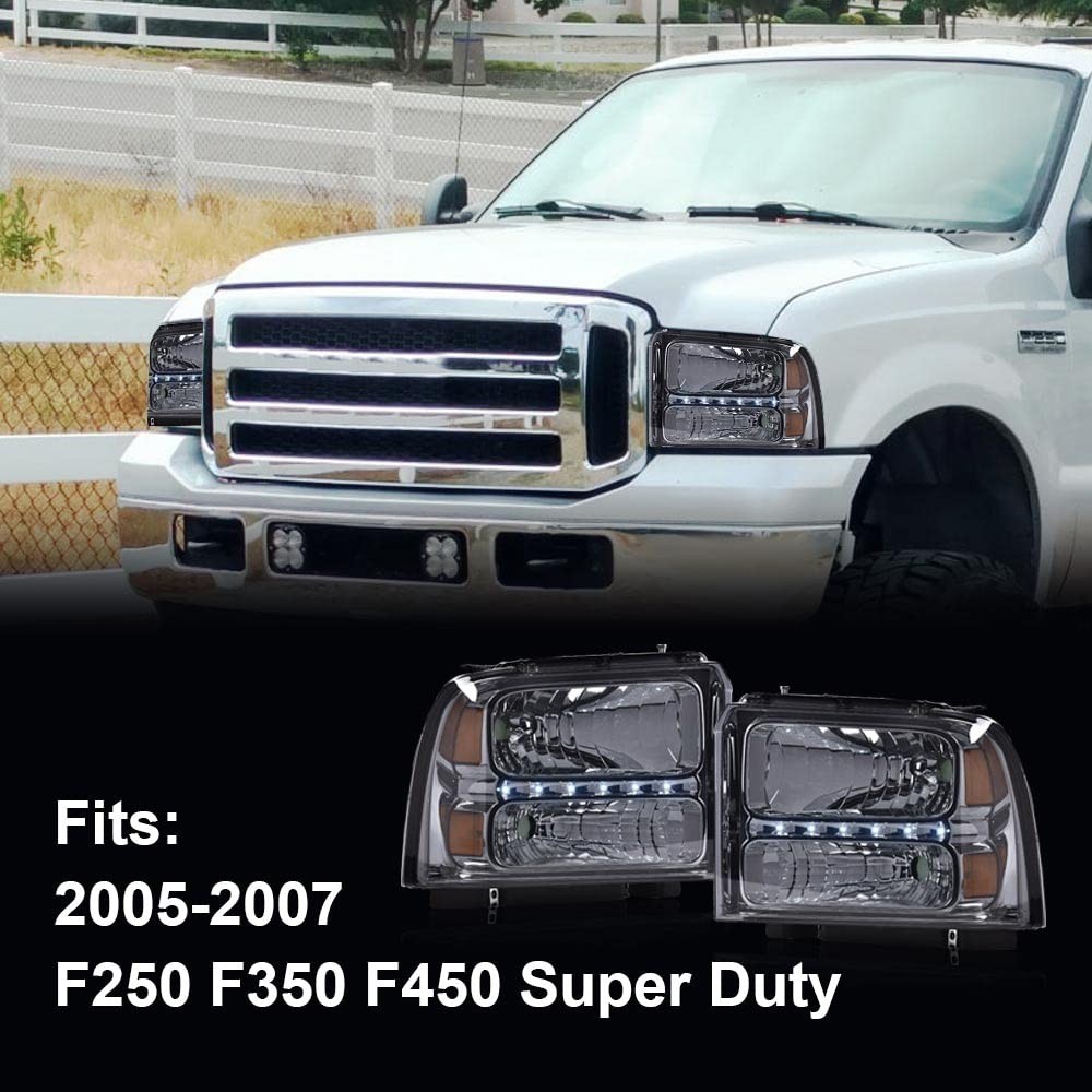 Ford F250-F550 05-07 LED Point Style Headlamps Smoky Lens Chrome Amber DRL BAR