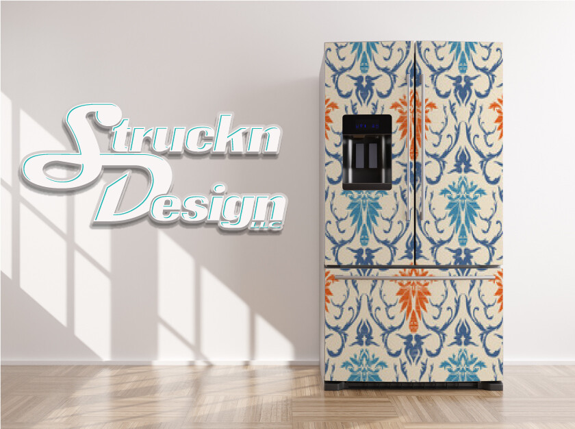 Vintage Style Design Blue Beige Orange Fridge Freezer Wrap Side Door Vinyl Decal