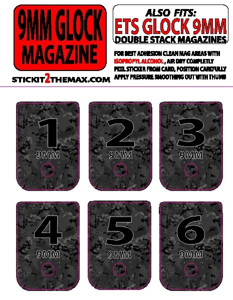 FITS GLOCK 9MM BLACK MULTI CAM BACKGROUND BLACK TEXT NUMBERED 1-6