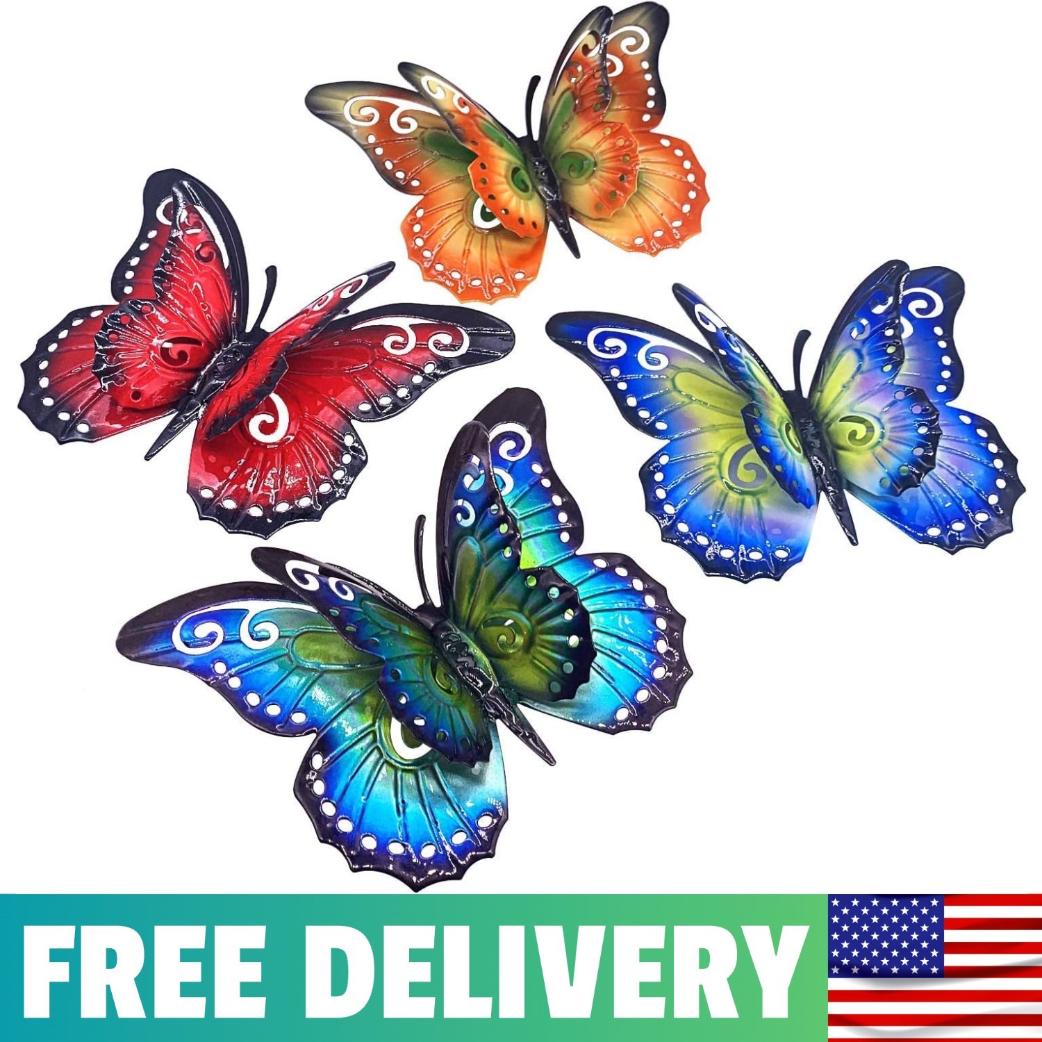 Metal Butterfly Outdoor Wall Decor- 6.5" Double Wings Butterflies, Hanging