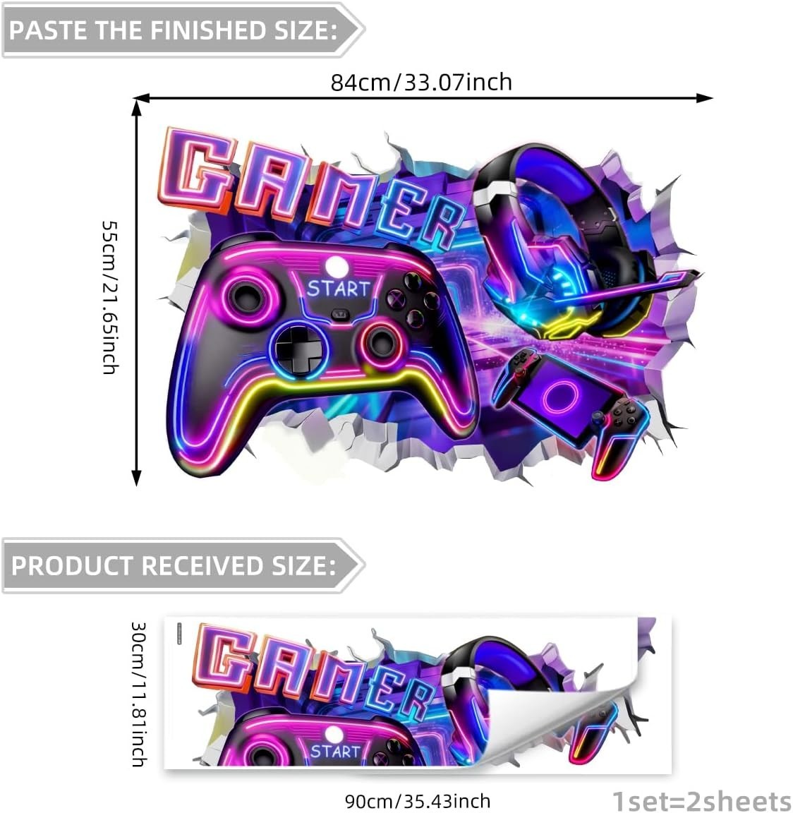 3D Game Room Decor Gaming Room Wall Decals Colorful Gamer Controller Video Gamin