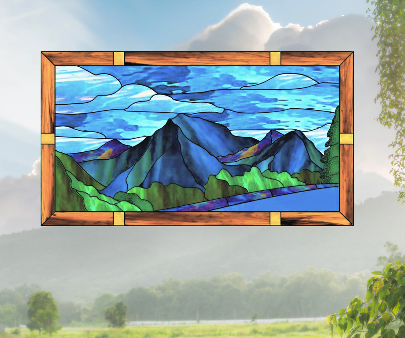 Scenic Mountain Faux Stained-Glass WINDOW CLING Size 10.6" Repositionable Vinyl