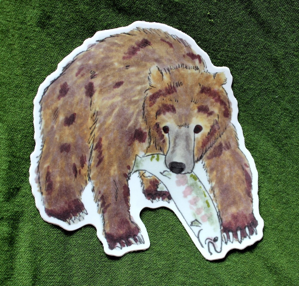 Brown Grizzly Bear with Salmon 4" Vinyl Sticker