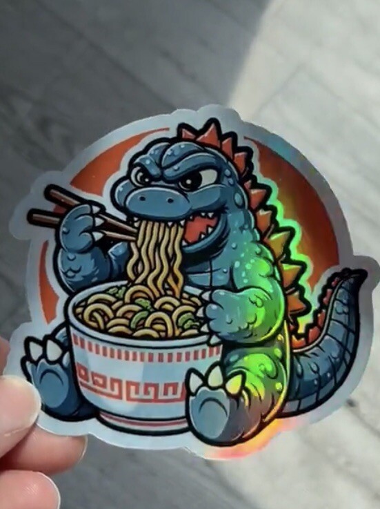3Inch Godzilla eating ramen Holographic 3 Inch Waterproof Sticker
