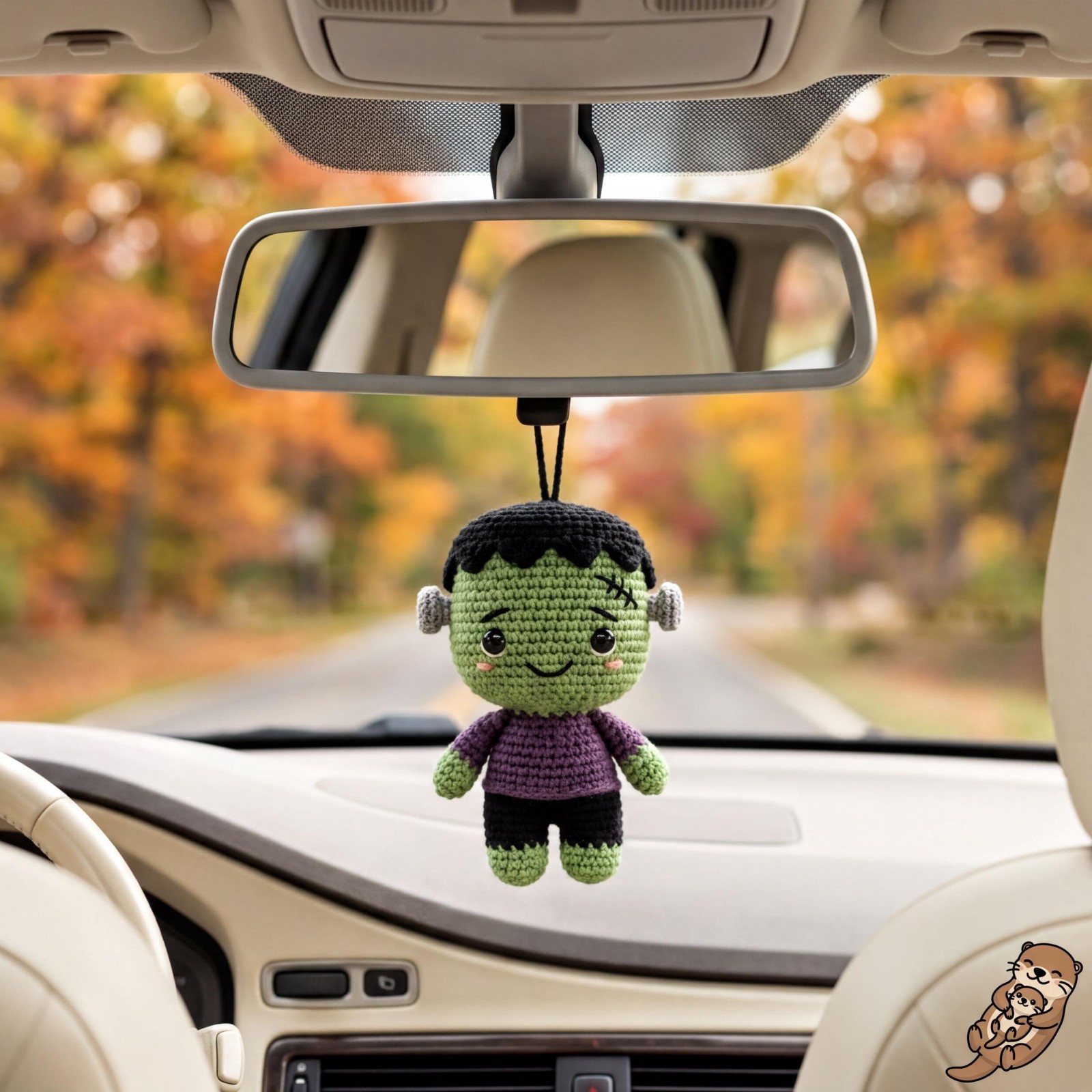 Handmade Frankenstein Crochet Car Charm, Green Monster Halloween Decor