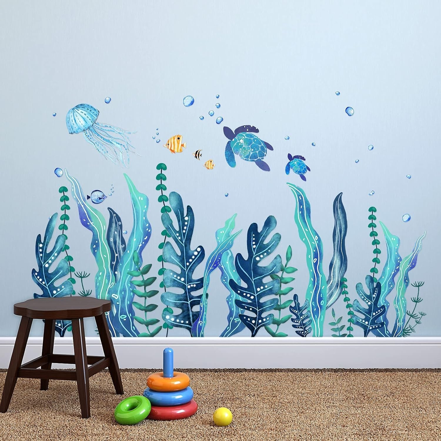 5 Sheets Ocean Sea Turtle Wall Decals Stickers Under The Sea Stickers Seaweed…