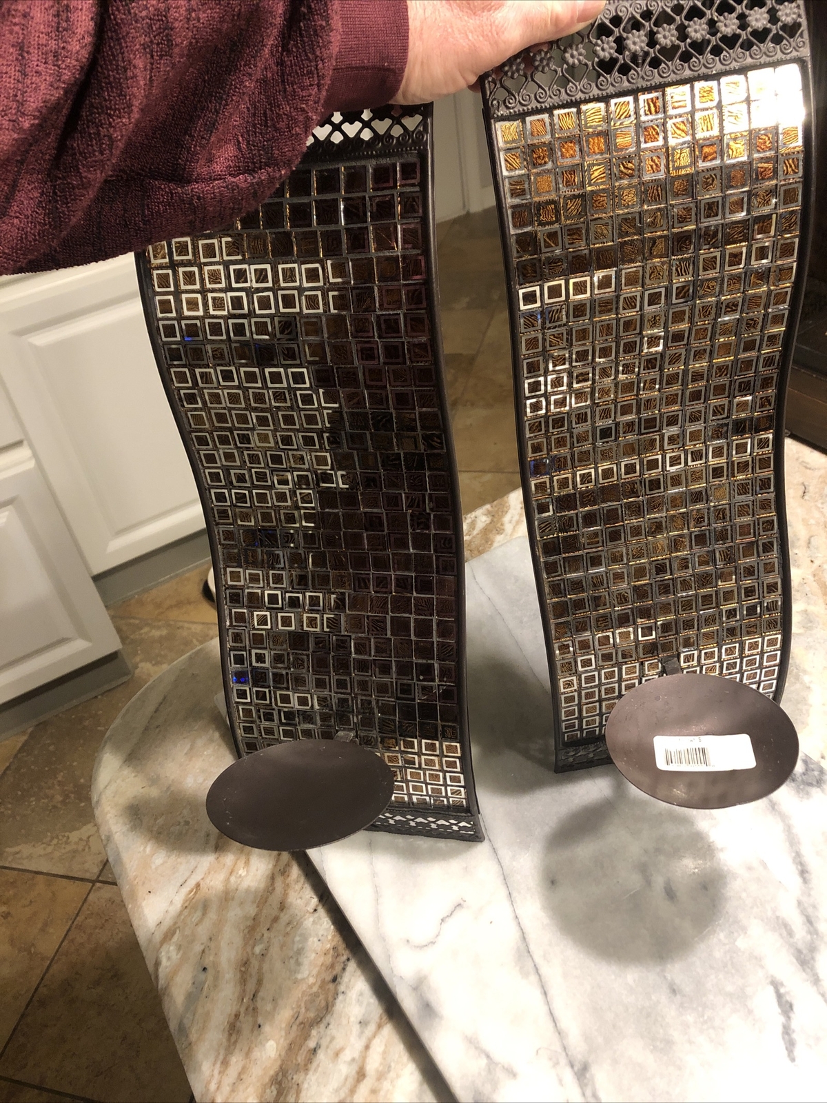 STUNNING PAIR OF MOSAIC GLASS STYLE BRONZE WALL SCONCES-NEW