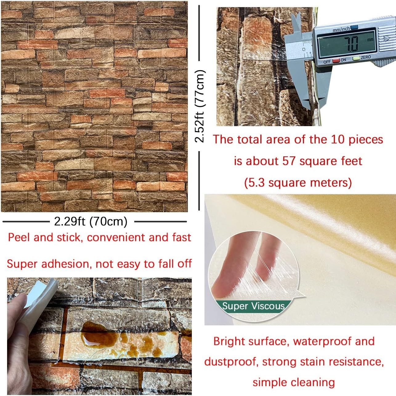 Decorative 7mm Thick Anti-Collision Brick Panels, Easy Peel and Stick, 10-Pack