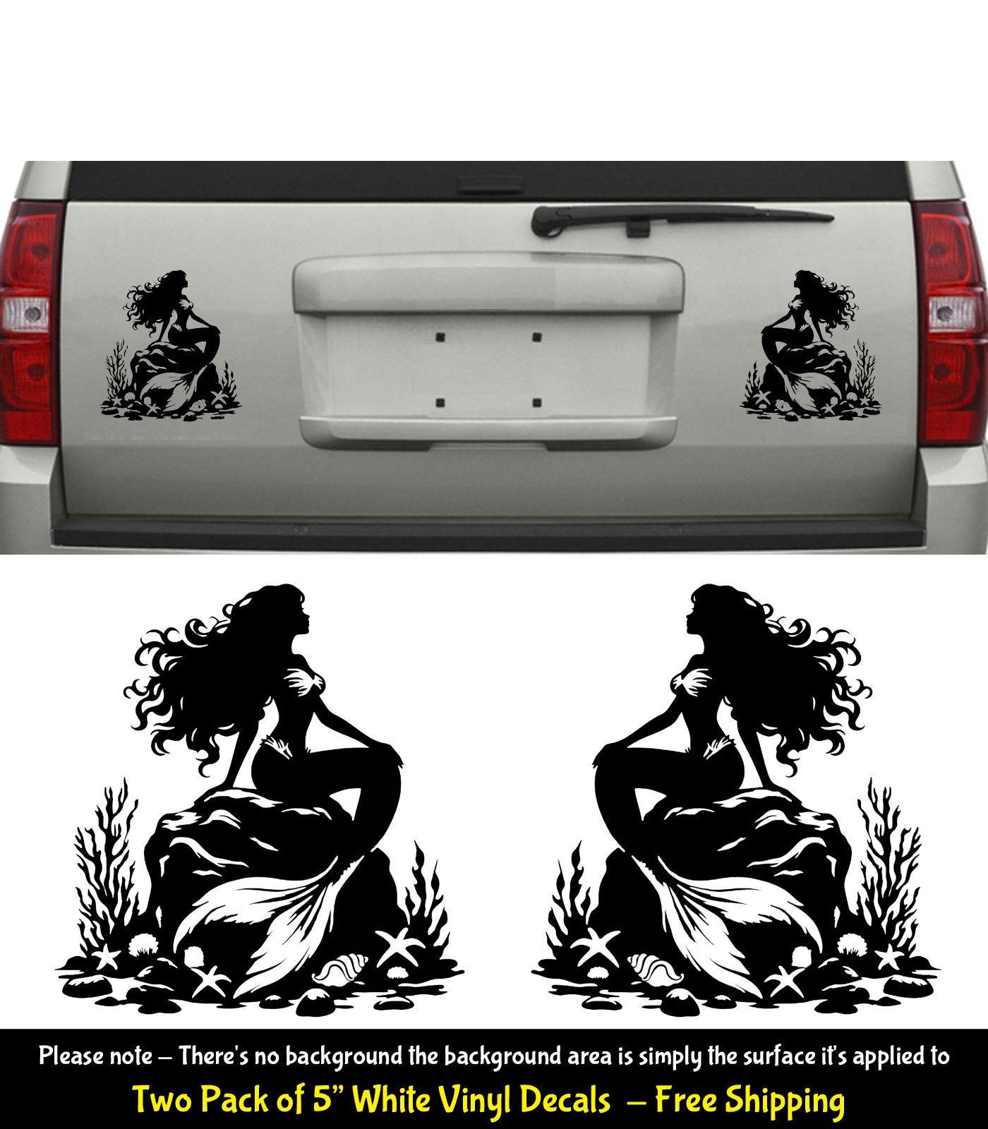 Mermaid on a Rock Aquatic Life Two 5" Black Vinyl Decals Window Any Flat Surface