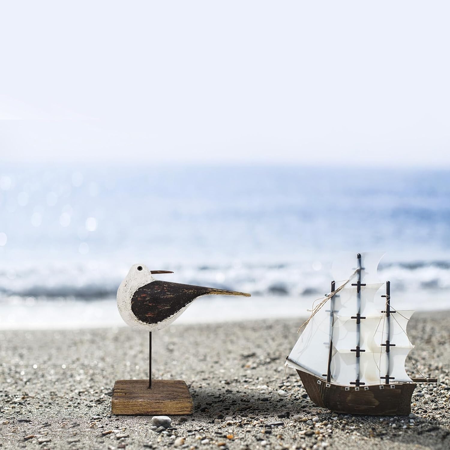 Wooden Sea Bird Statue Seagull On Stand Decor Nautical Coastal Birds Sculpture