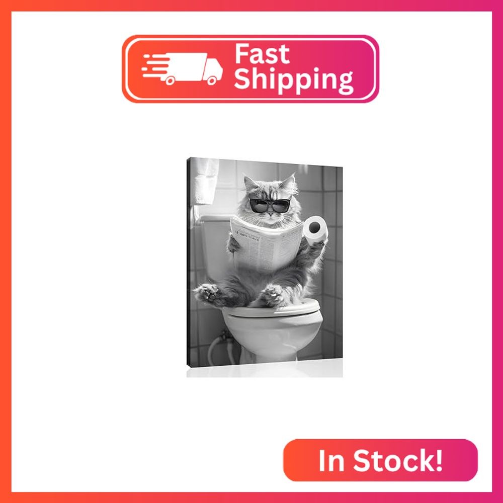 OWNANRTHM Cat Bathroom Canvas Wall Art Funny Animal Bathroom Wall Art Cat on the