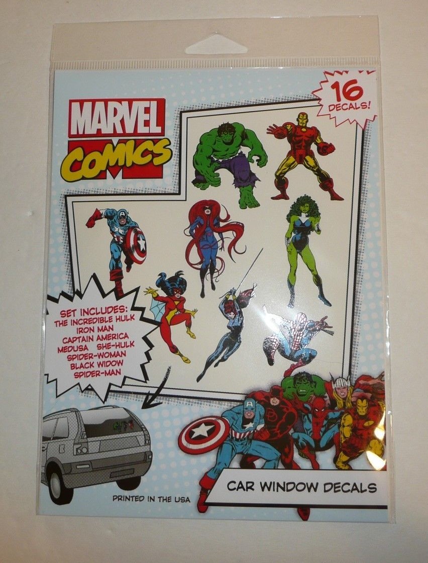 Marvel Comics 16 Car Window Decals Set Hulk Ironman Captain America Spiderman
