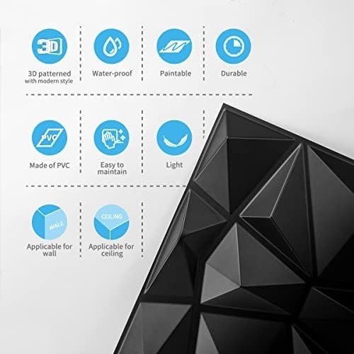 Decorative 3D Wall Panels in Diamond Design, 12"X12" Matt Black for Home and Off