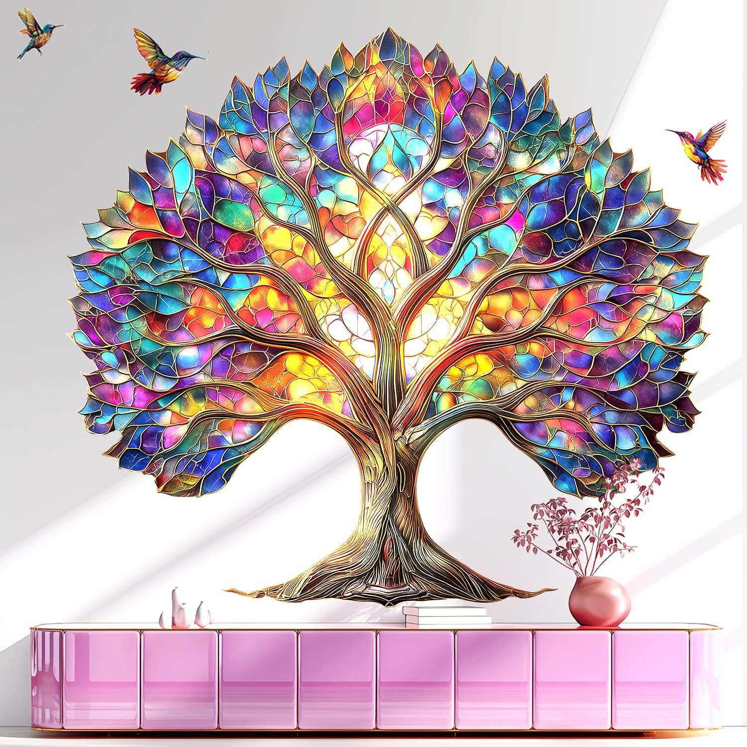 Vibrant Tree of Life Wall Decals Peel and Stick,Stained Glass Leaves Wall Sti…
