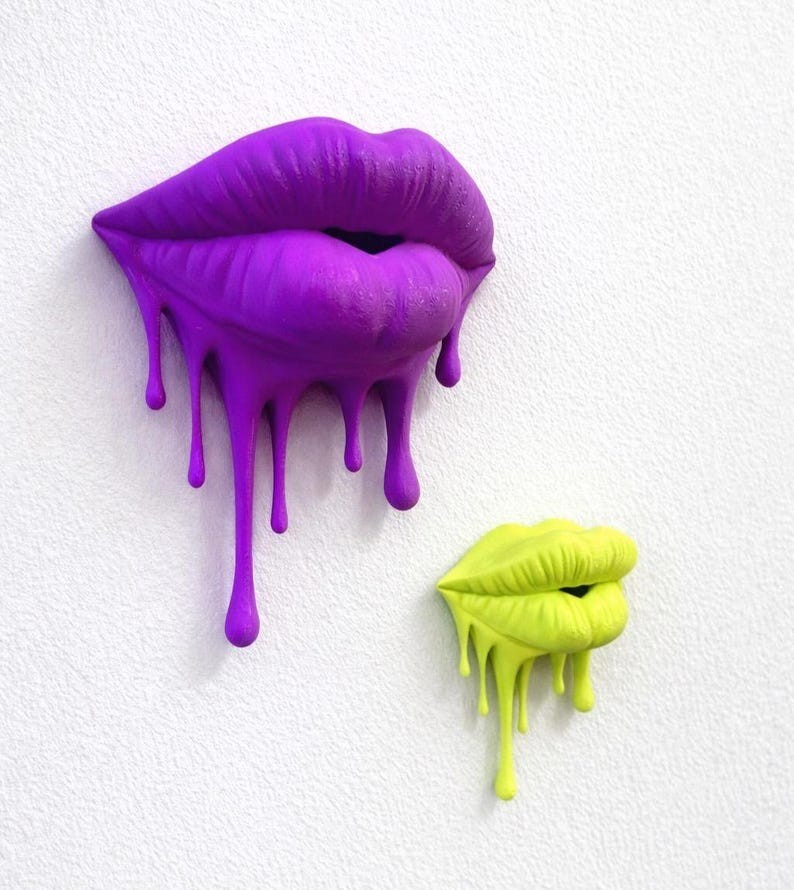 3D Effect Pop Art Lips Wall Decal, Purple & Yellow Dripping Lips Wall Decor