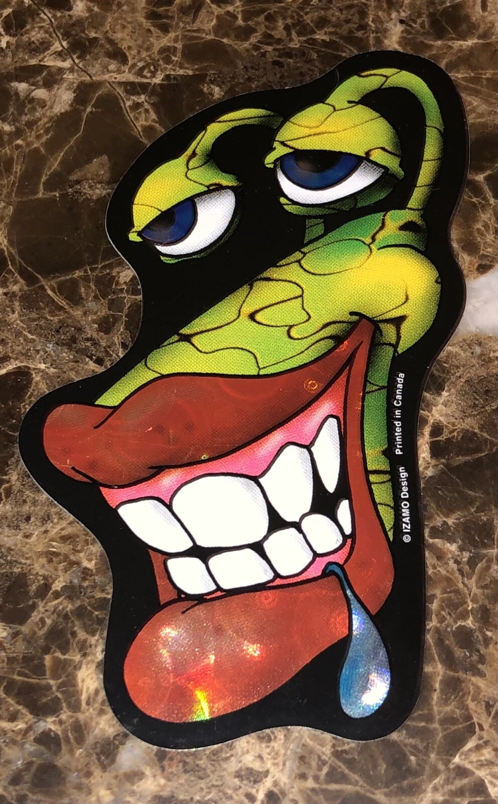 Vintage Izamo Design Prism Holographic Sticker Green Funny Monster Face NEW 4×2
