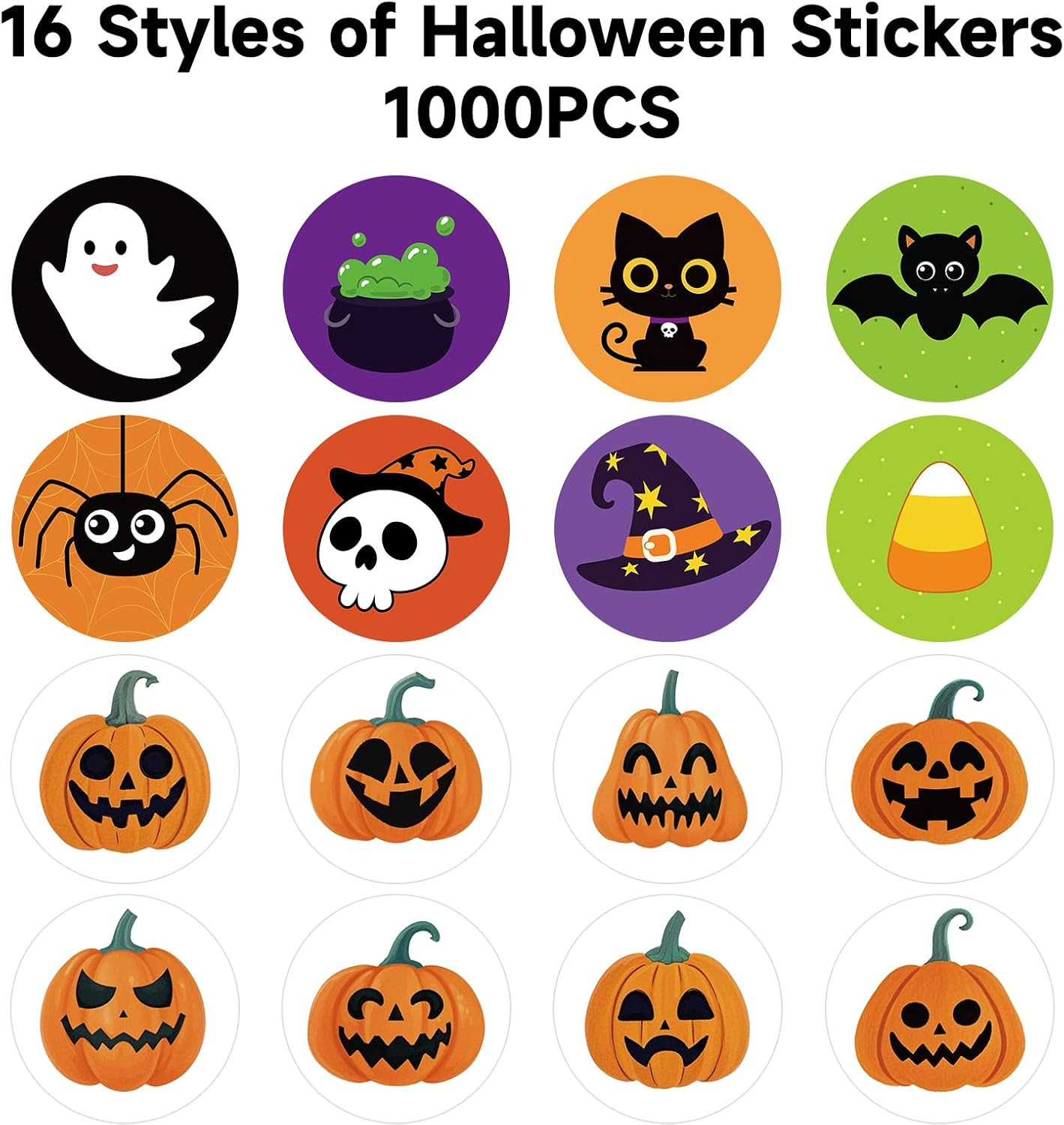 1000 Pcs Halloween Stickers | 1.5 Inch round Pumpkins, Bats, Spiders, Ghosts, Ca