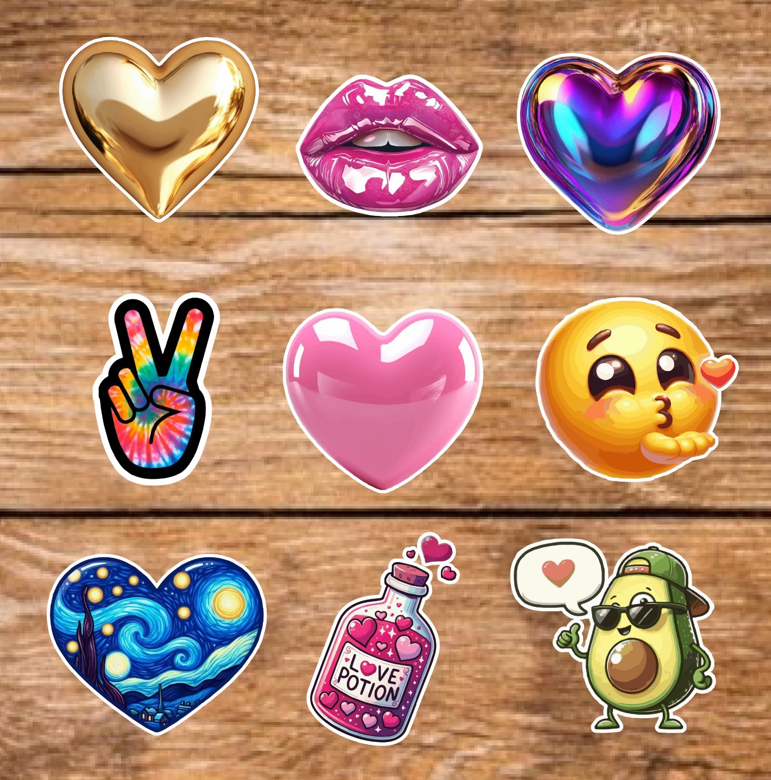 Love – 2 Pages (18 Sticker Set) 2in, Waterproof, Glossy Finish Vinyl.