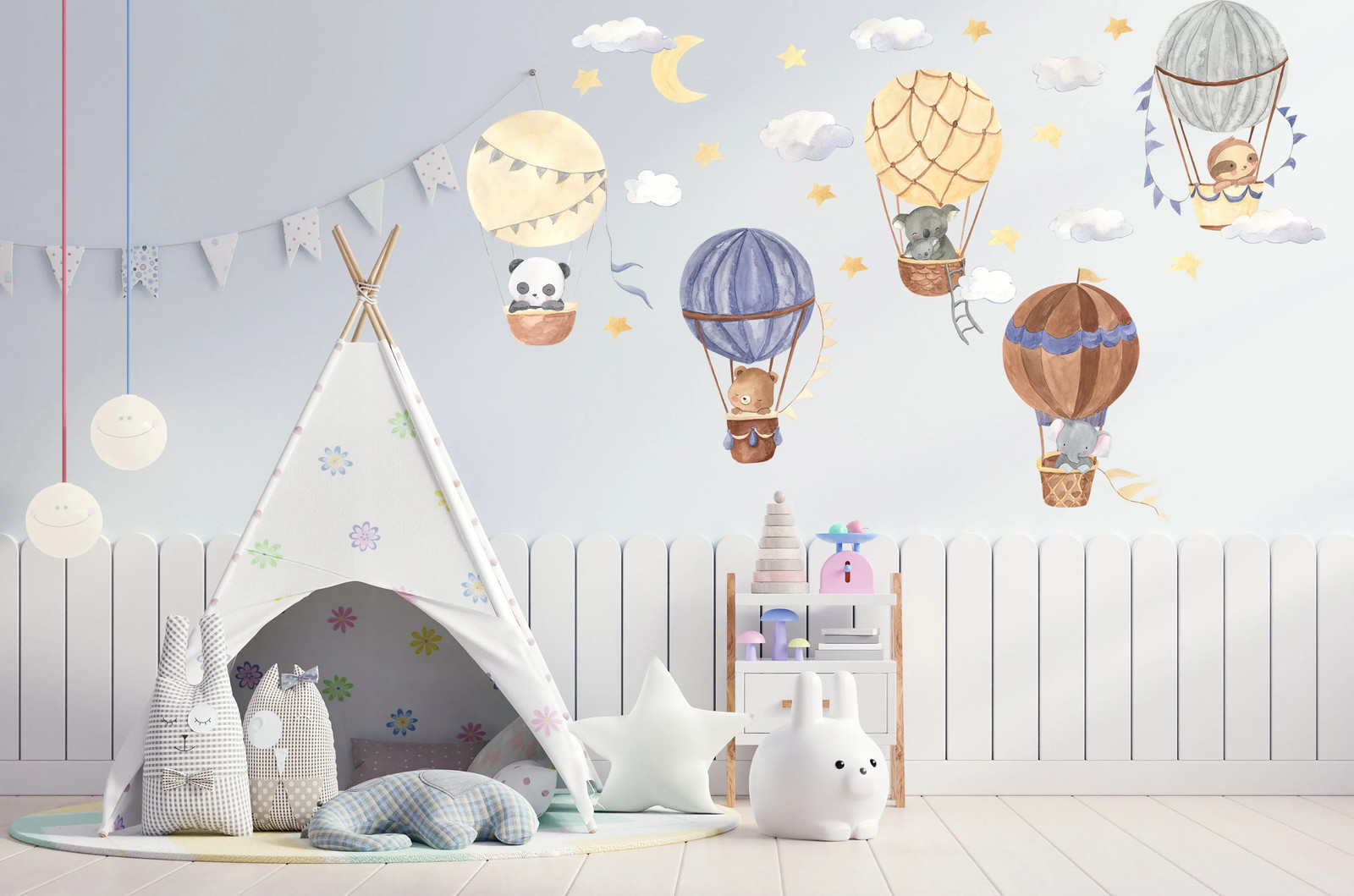 Hot Air Balloon Wall Stickers – Animals Clouds Nursery Decor Decal – Baby Kids