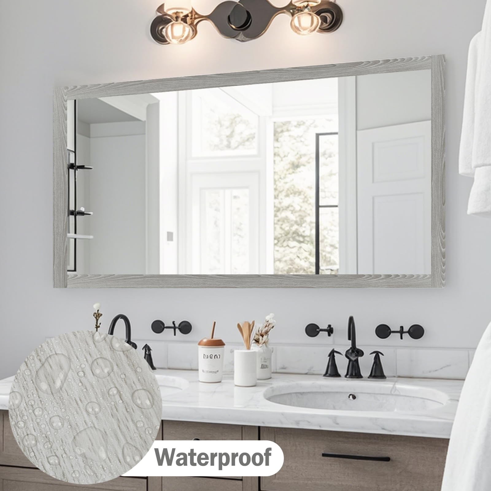 Grey Wood Grain Mirror Border Peel and Stick Wallpaper, Self Adhesive Waterpr…