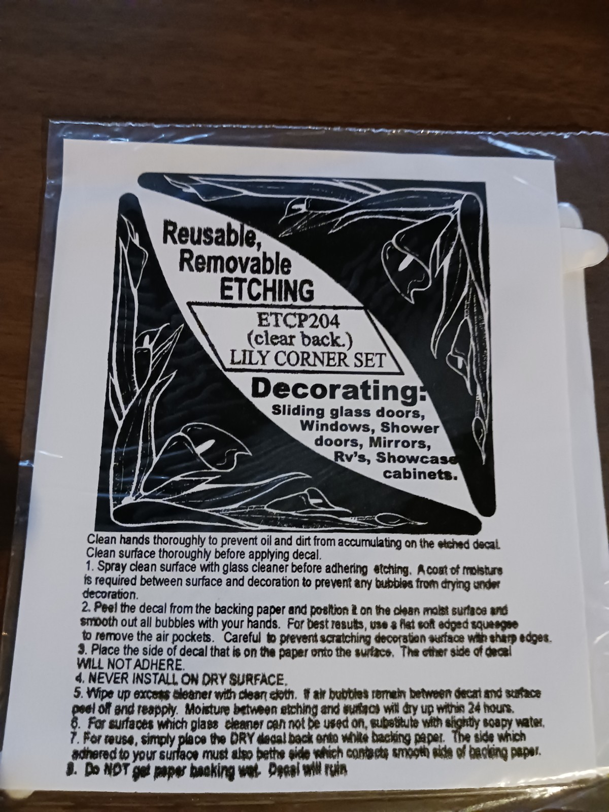LILY Etched (Clear Back) Look Cling 5"X5" Corners Removable & Reusable 204