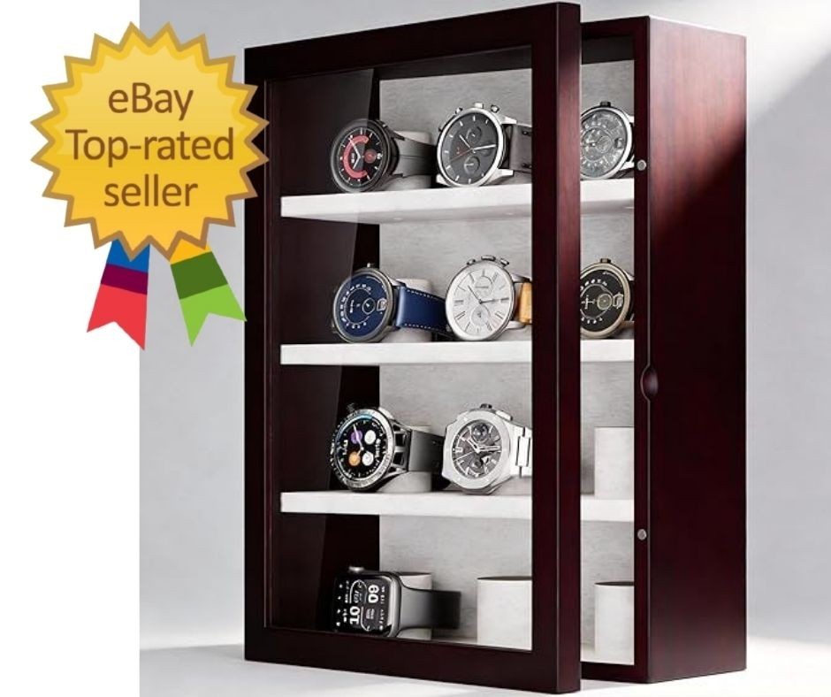 12-Slot Watch Display Case, Wall Mount Wooden Watch Box, Vertical Storage Men…
