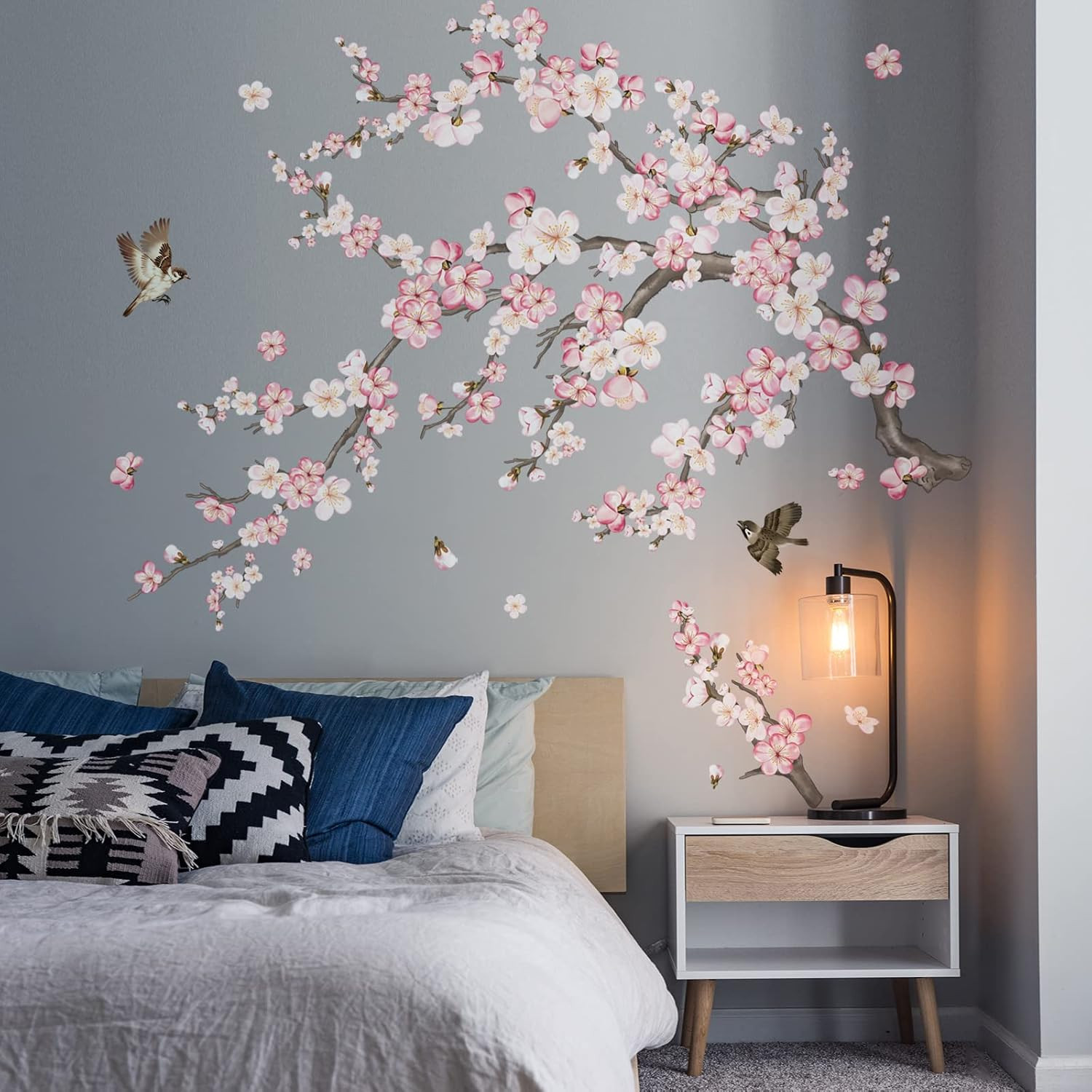 Cherry Blossom Wall Stickers Pink and White Flower Tree Branch Peel and Stick Wa
