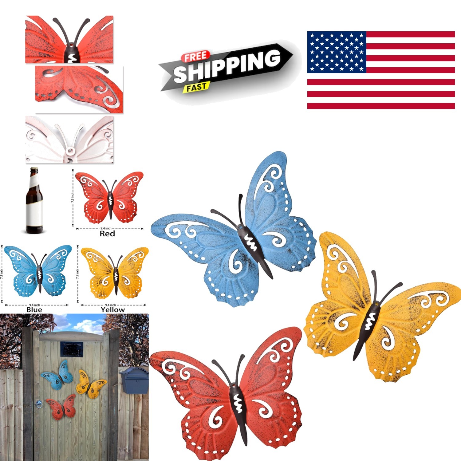 Metal Butterfly Wall Art Set of 3 Colorful Sculpture for Indoor Outdoor Decor