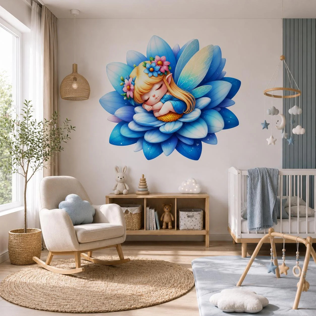 Sleeping Fairy Wall Vinyl Decal | Cute Blue Flower Fairy Sticker
