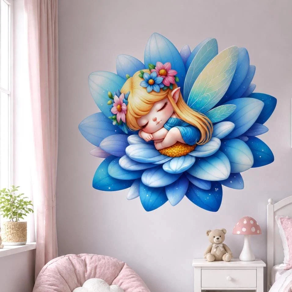 Sleeping Fairy Wall Vinyl Decal | Cute Blue Flower Fairy Sticker