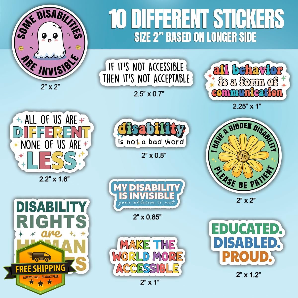 10pcs Disability Awareness Stickers Sheet Waterproof UV-Resistant