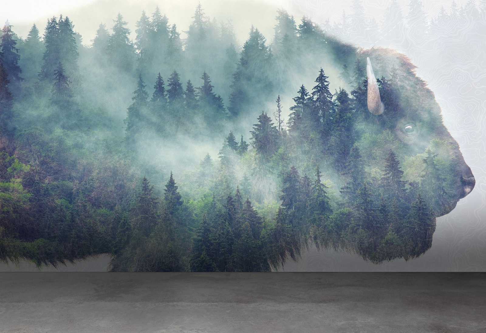 Foggy Mountain Forest View with Bison Buffalo Overlay Natural Scenery Wall Mural
