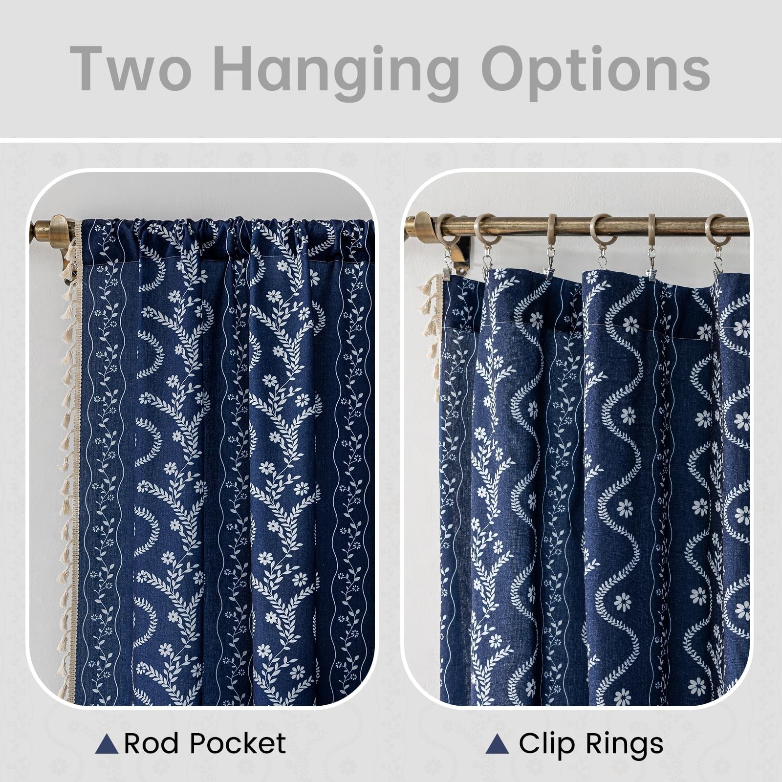 Navy Blue Boho Curtains 84 Inch Long for Living Room, Bedroom, 2 Panels Flora…