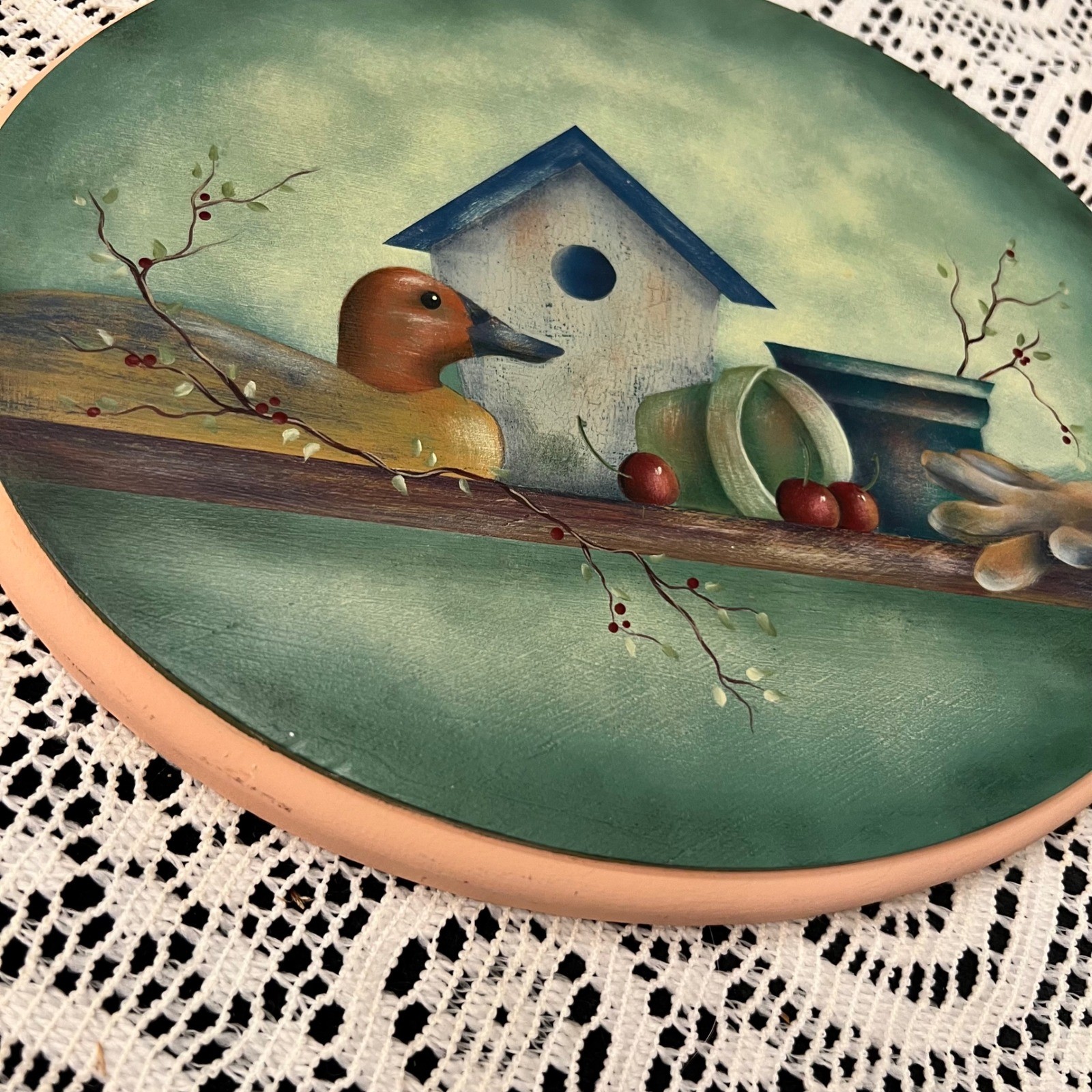 Vintage Oval Hand Painted Plaque | Duck Birdhouse Garden | Cottage