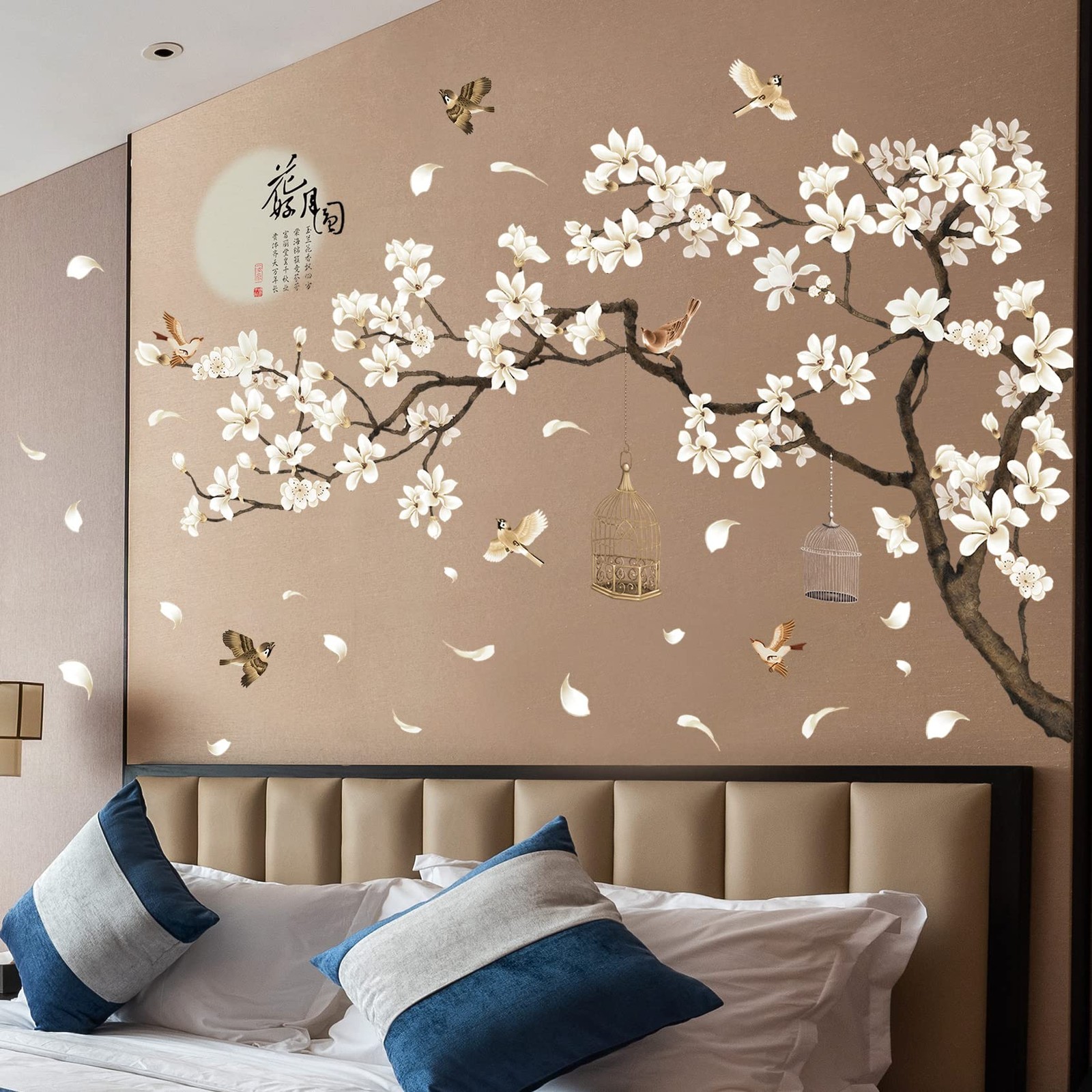 Amaonm Chinese Style White Flowers Black Tree and Flying Birds Wall Stickers Rem