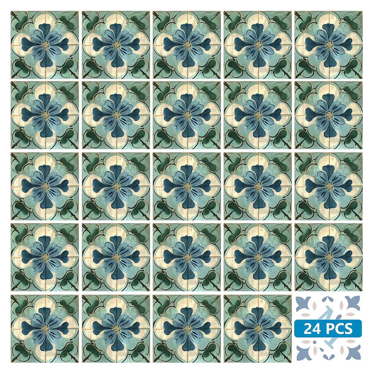 Peel Snd Stick Tile Stickers 24 Unit Pack Green Floral