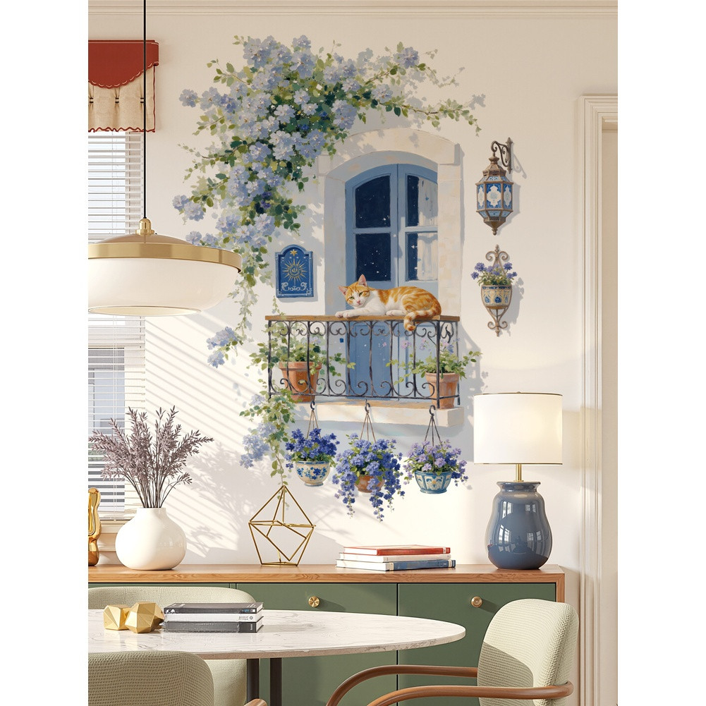 Wisteria Flower Vine PVC Wall Sticker Blue 32.6 x 23.6 in Waterproof Decor