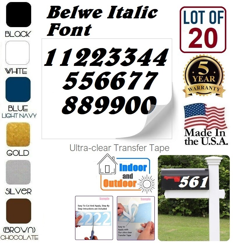 Mailbox Address Numbers Decal Sticker Window Door Wall Sign, BELWE ITALIC BOLD