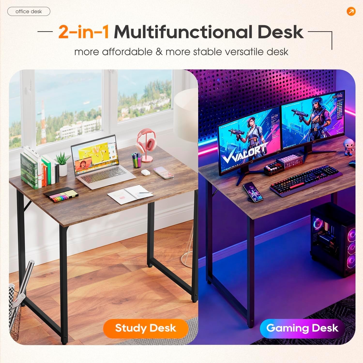 PayLessHere 32" Computer Desk, Brown Writing Table w/ Metal Frame