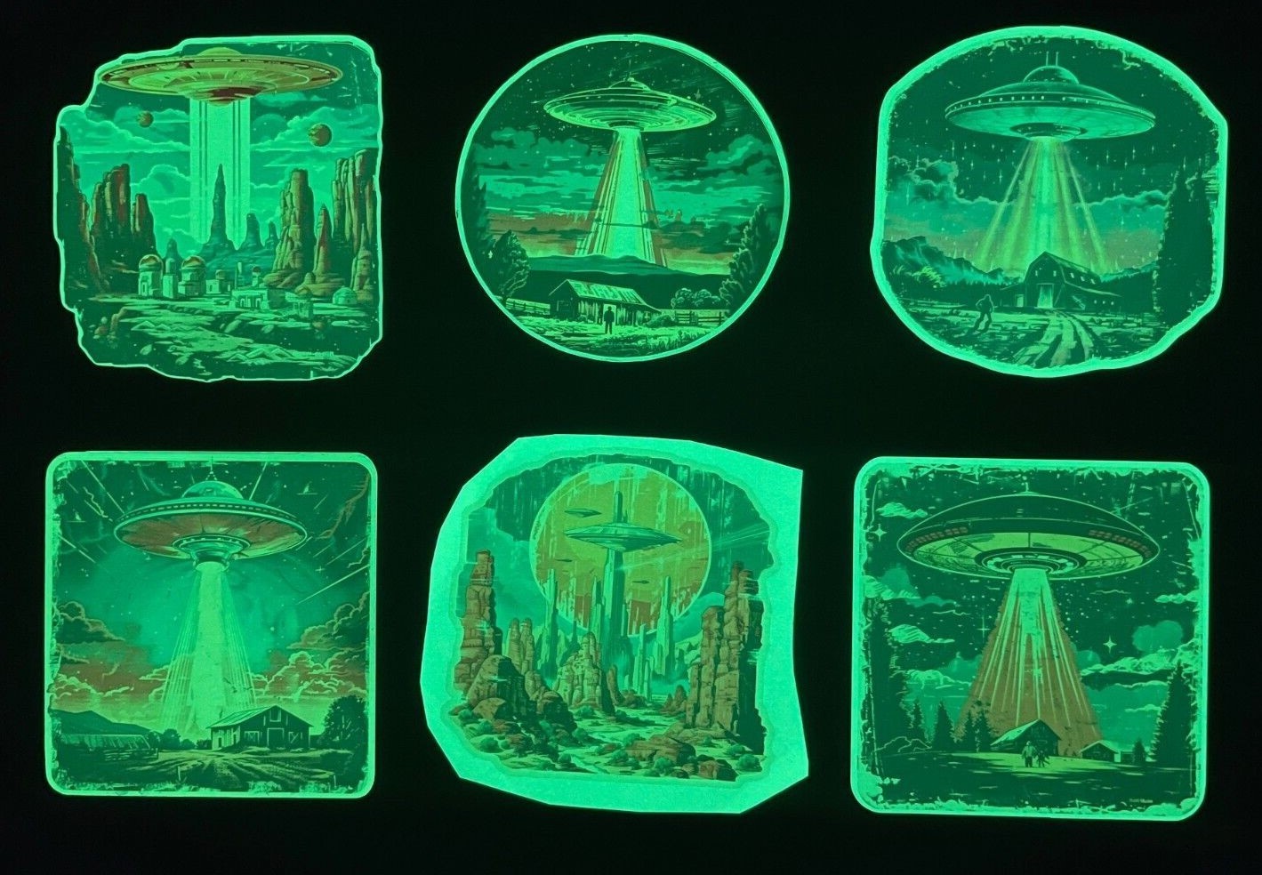 Alien UFO Abduction Sticker Glow in the Dark Vinyl Decal Sci-Fi Laptop Wall