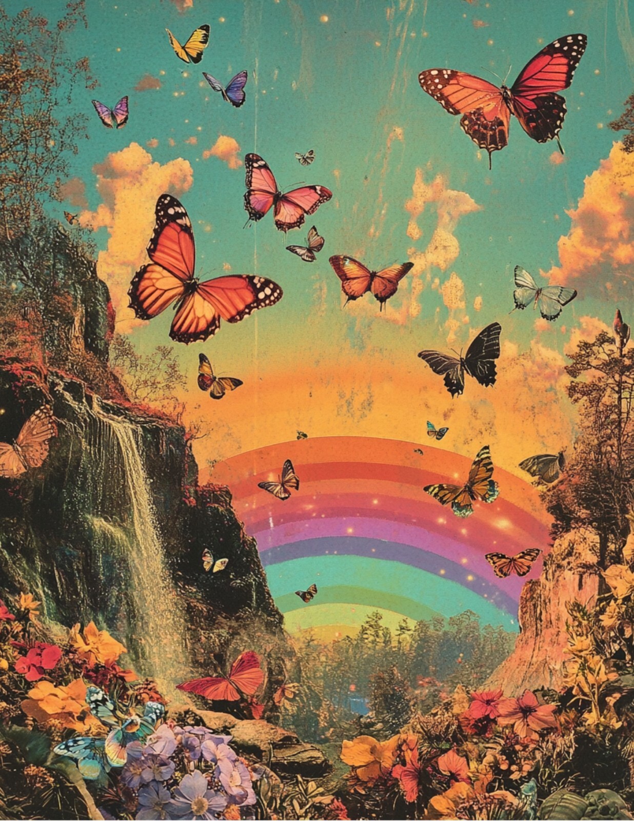Rainbow Sticker (4 Inch) Butterflies Whimsical Retro Waterfall Summer Hippie
