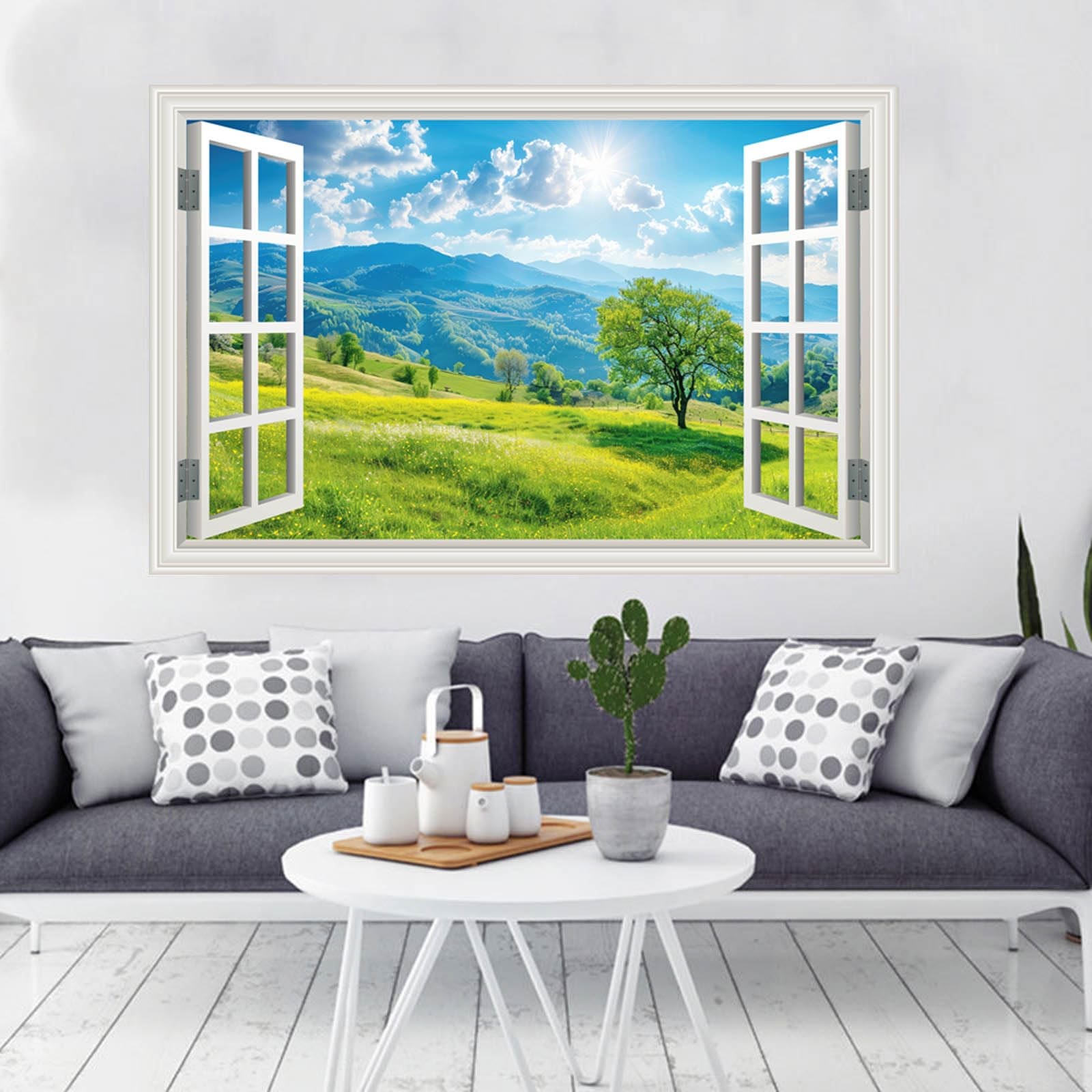 Fake Window Wall Sticker Summer Mountain Grassland Green Forest Tree Faux Win…