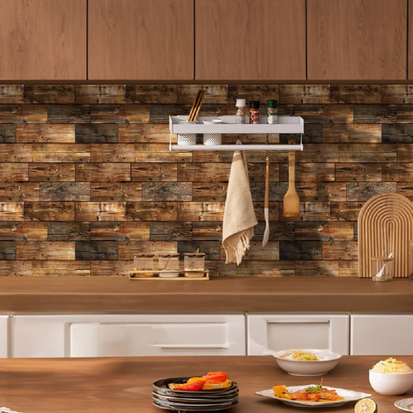 10pcs Self-Adhesive Wood Grain Wall Tiles Waterproof Decor Wall Sticker Kitchen