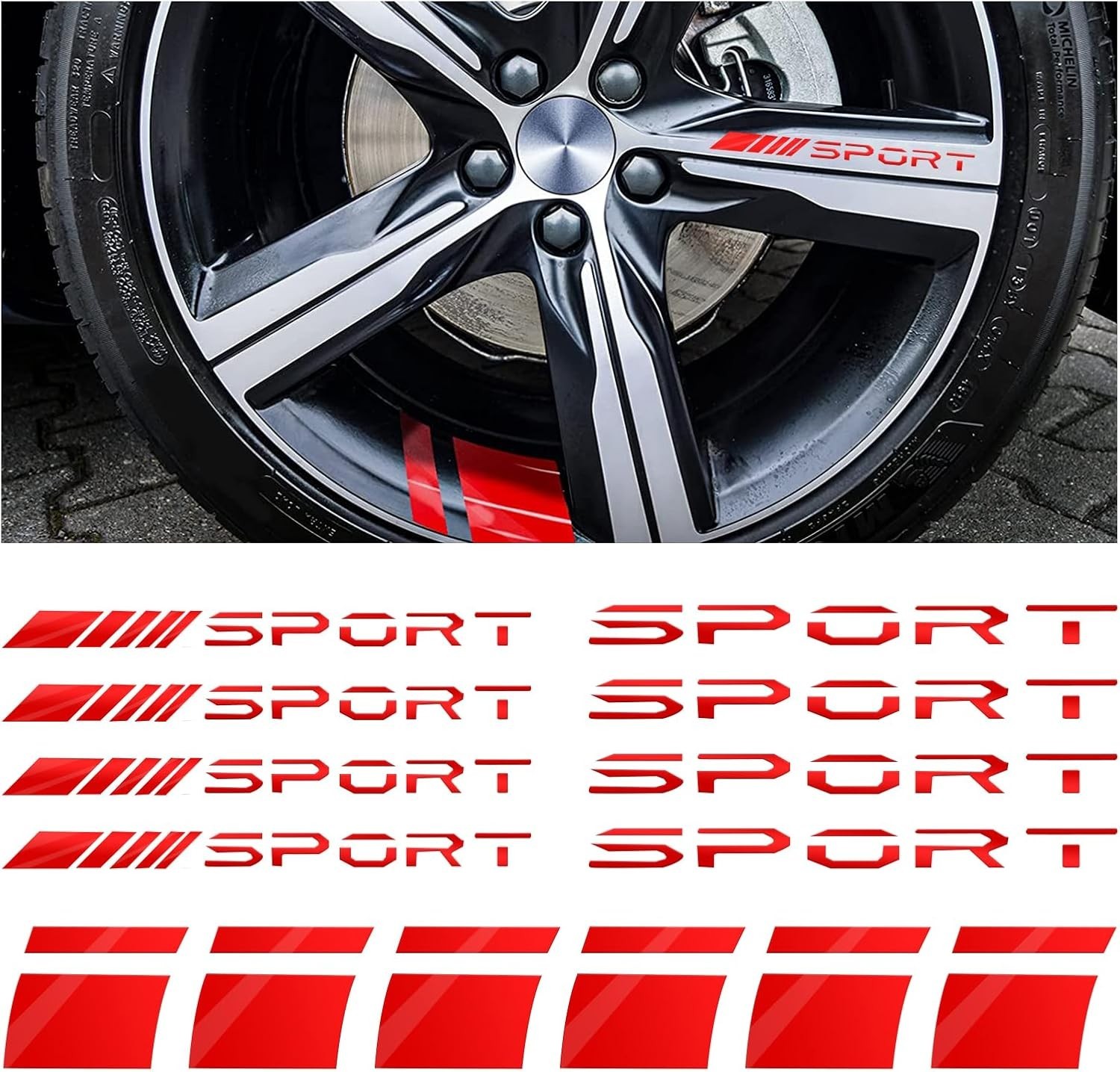 Car Decal Stickers, 14 PCS Reflective Sport Logo, Auto Wheel Rim Decor, Red