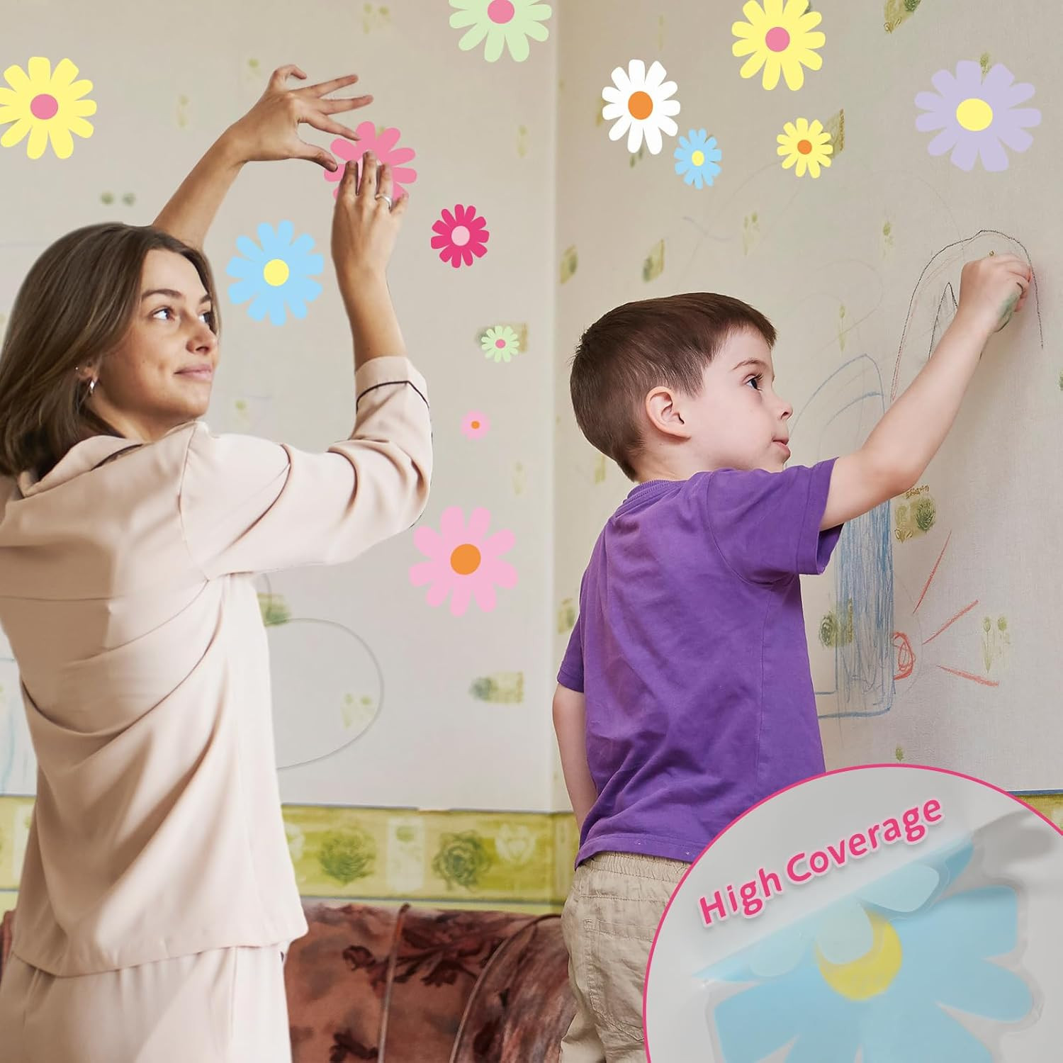 12Sheet Daisy Wall Decals, 180Pcs Cute Flower Wall Decals, Flower Vinyl Walls De