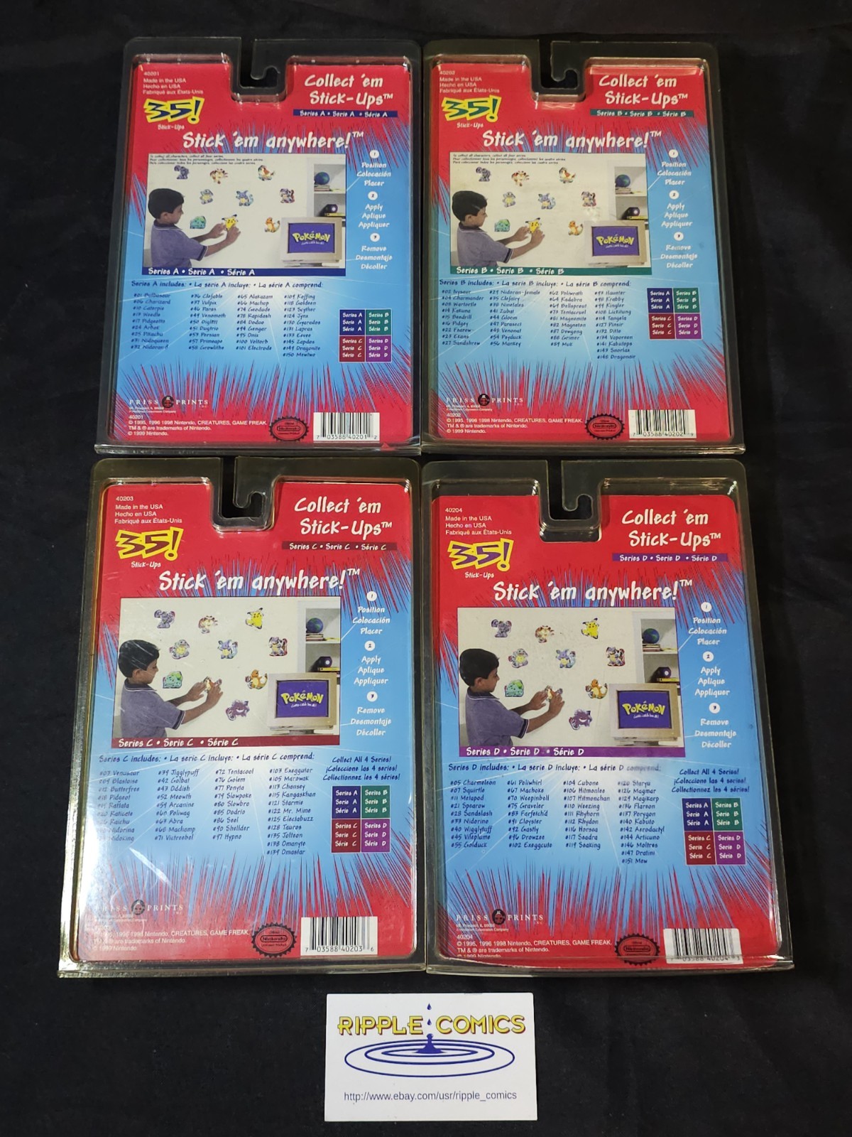 4x Pokemon Stick Ups Wall Decals 1999 series A, B, C, D Factory Sealed